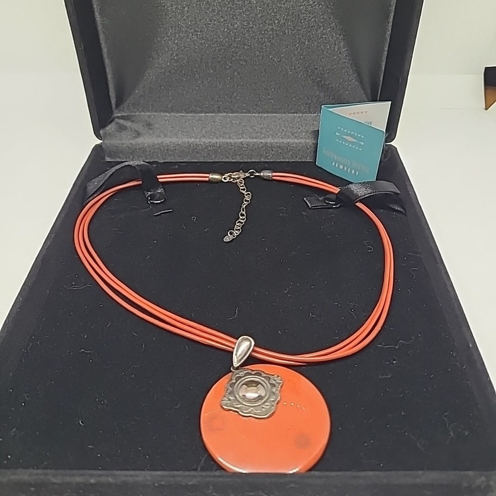 Southwestern Necklace Red Jasper Disc Sterling 925 Pendant‎  Adjustable Cord 16"